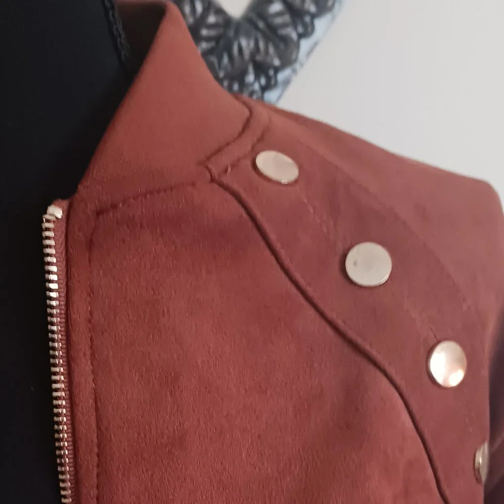 Super Cute Haute Monde Faux Suede Zip Up Jacket With Gold Accent Buttons - Picture 7 of 7